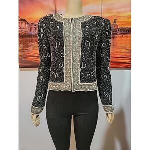 Vintage Lawrence Kazar 100% Silk Beaded Cocktail Party Jacket FITS M BUST 40" #3